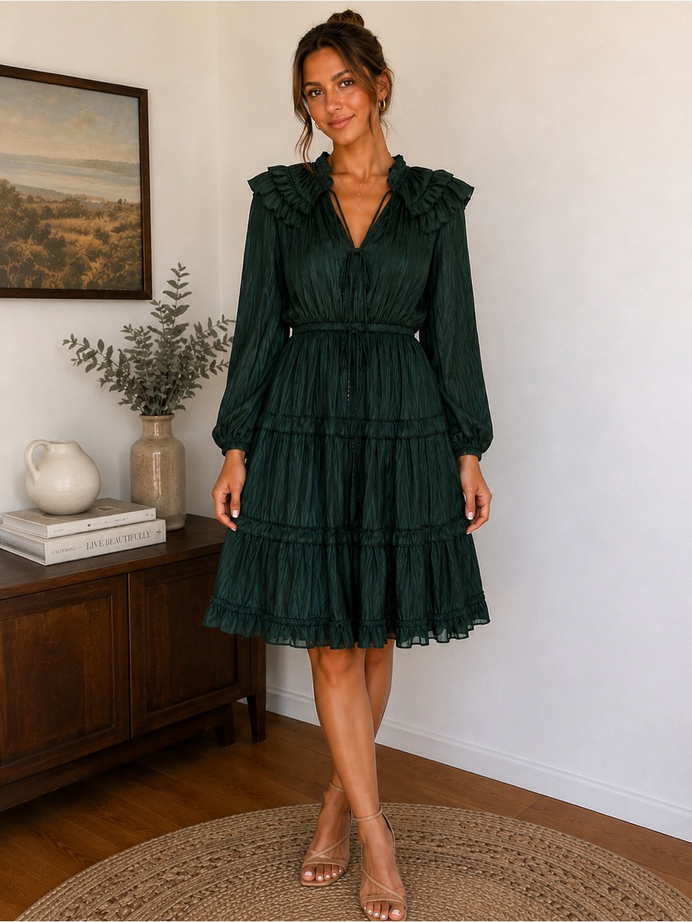 Anthropologie Current Air Forest Green Ruffle Collar Tiered Long Sleeve Dress
